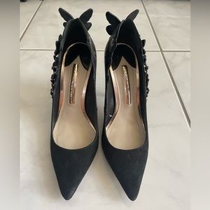 Sophia Webster Harmony black suede butterfly pointed toe pump stiletto Sz 37.5
